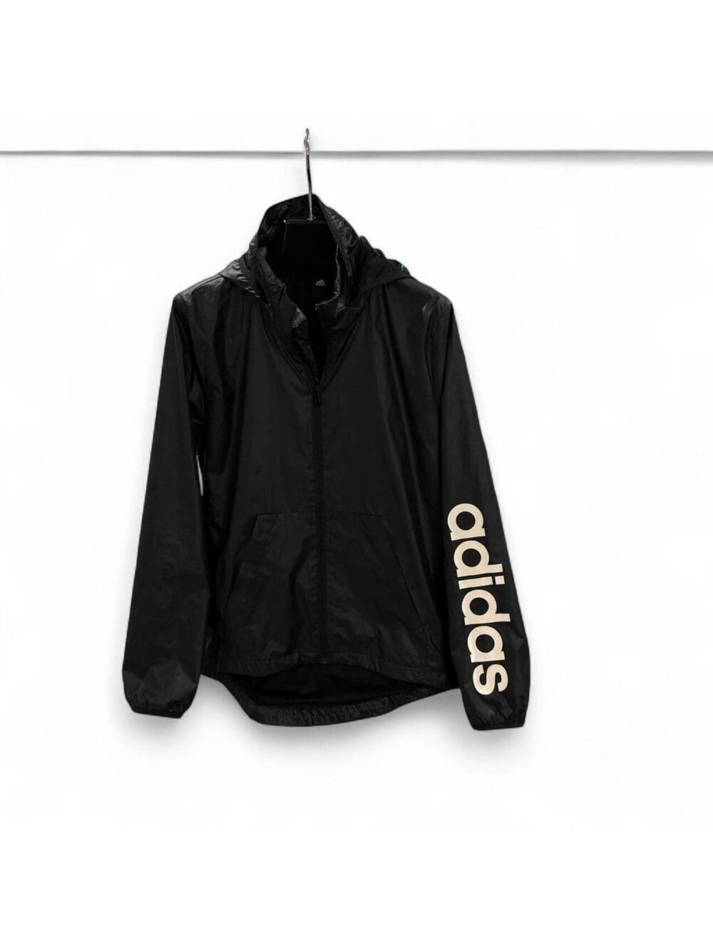 Adidas Black Windbreaker Jacket with Hood and Sleeve Logo